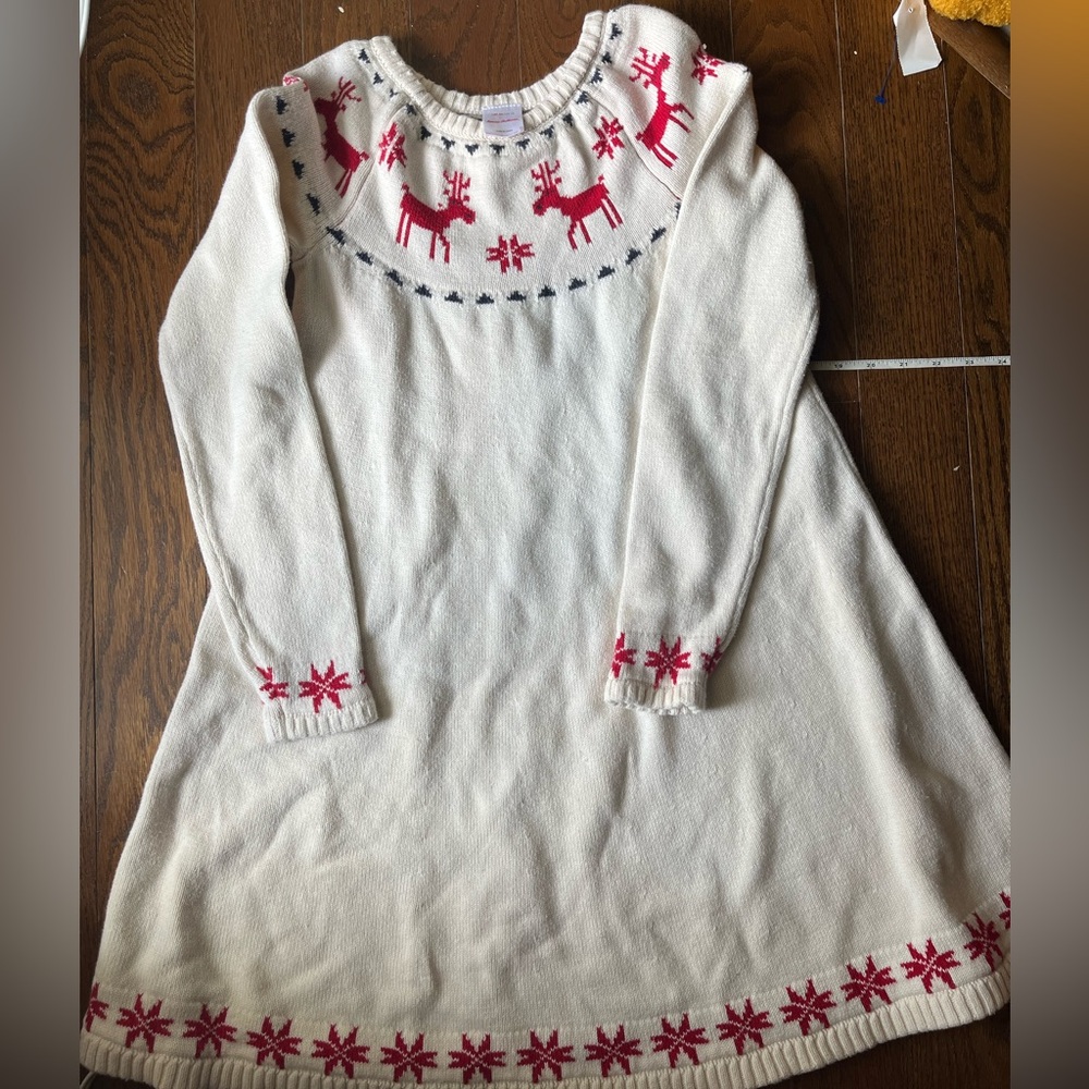 Hanna Andersson White Knit Dress with Red Reindeer Pattern